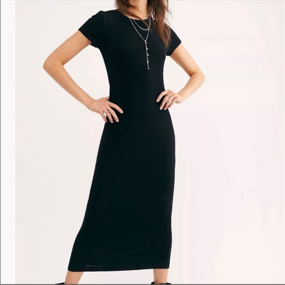 Free People Beach Simone Ribbed Tee Dress in Black Size Small